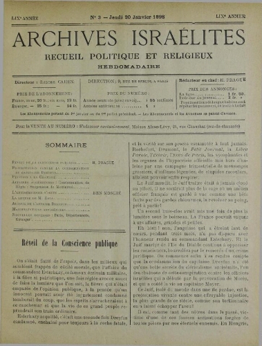 Archives israélites de France. Vol.59 N°03 (20 janv. 1898)